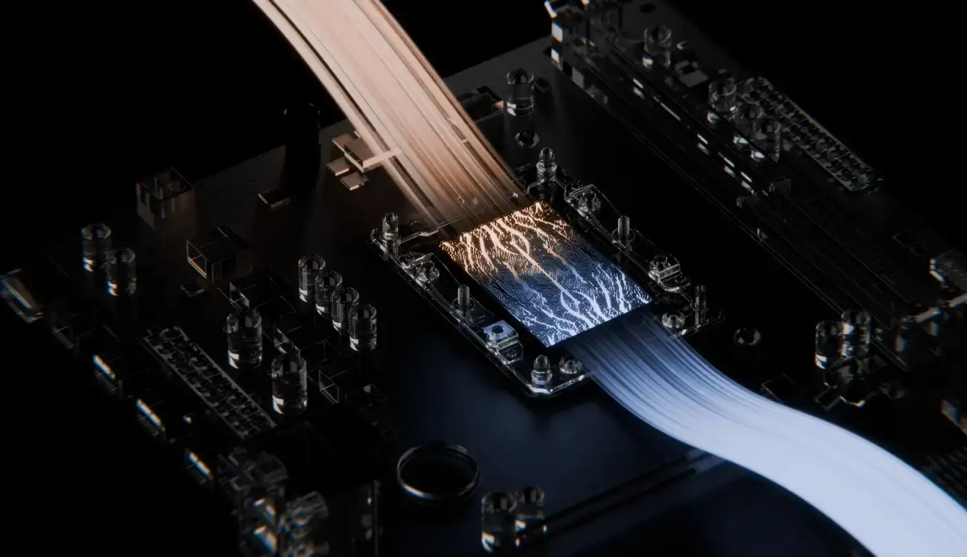 A cooled chip on a board, seen close up