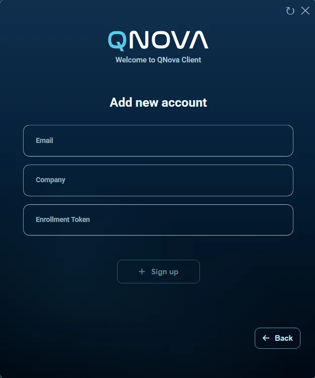 QNova Client add account screen with email, company and token fields
