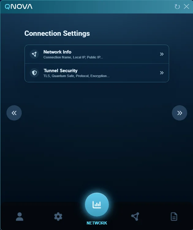 QNova Client connection settings screen with Network Info and Tunnel Security