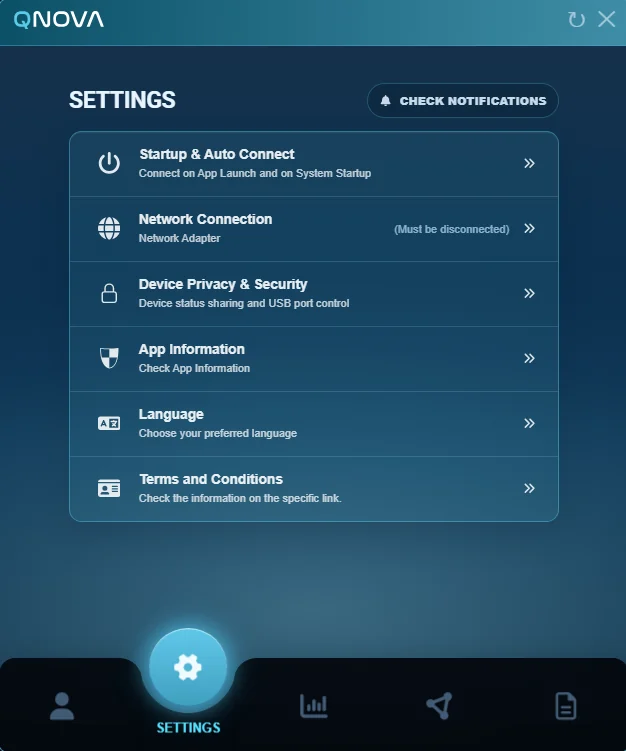 QNova Client settings screen with startup, network, privacy and language options