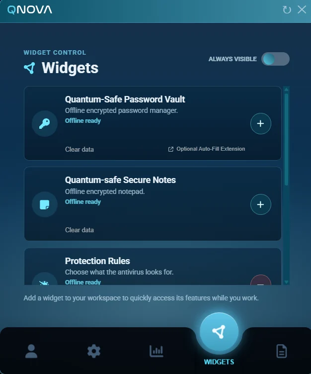 QNova Client widgets with the password vault, secure notes and protection rules